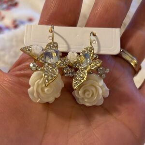 Elegant Gold and White Rose Earrings